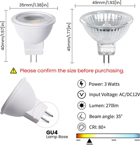 Miniatura 5 de Lustaled Bombilla LED MR11 GU4.0 de 12 V 3 W G4/GU4/GZ4 con base bi-pin LED Spot Light Low Voltage MR11 bombillas de paisaje 25W equivalente a