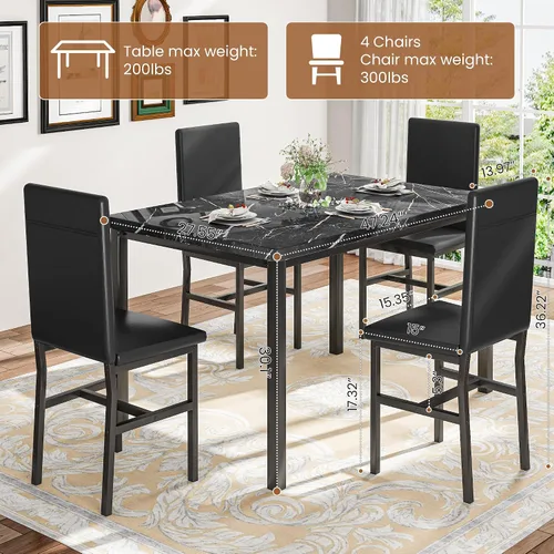 Miniatura 2 de Recaceik Juego de mesa de comedor para 4, mesa de cocina y sillas con mesa de mármol sintético y 4 sillas tapizadas de cuero para cocina, comedor
