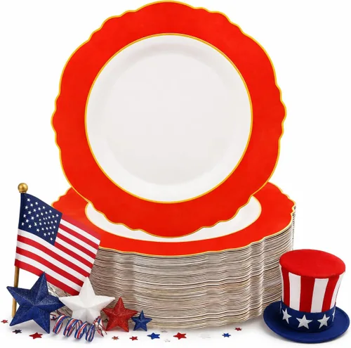 Miniatura 9 de WDF 60 platos de plástico rojo desechables – 7.5 pulgadas de alta resistencia rojo postre/ensalada/pastel platos para boda, fiesta, cumpleaños, día