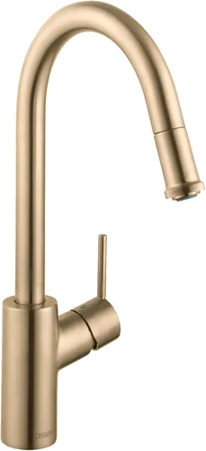 hansgrohe Talis 14872251 - Grifo de cocina de arco alto dorado S² con rociador extraíble, grifo para fregadero de cocina, cabezal rociador de