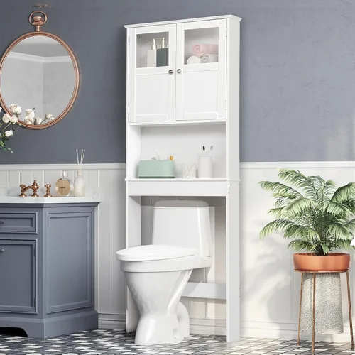 Bonnlo Armario de almacenamiento sobre el inodoro con estante ajustable, organizador de suelo de baño blanco, ahorro de espacio con puertas dobles,