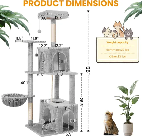 Miniatura 2 de Torre de árbol para gatos de varios niveles de 54 pulgadas con hamaca, condominios y postes rascadores, muebles grandes para gatos
