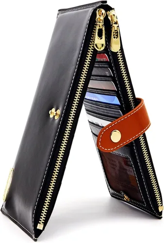 ANDOILT - Cartera de cuero genuino para mujer con bloqueo RFID para tarjeta de crédito con cremallera