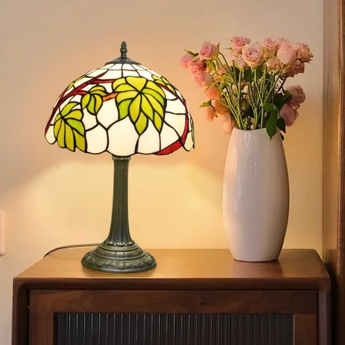 Miniatura 2 de Tiffany - Lámpara de mesa con vitrales de 12 pulgadas, hoja de uva verde, estilo Tiffany, lámpara vintage Nouveau para dormitorio, sala de estar