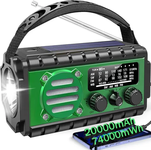 Miniatura 9 de Aivica Radio de Emergencia de 20000mAh, Radio Meteorológica SW/NOAA/AM/FM, Cargador de Manivela Solar con Batería Grande, Portátil, Carga