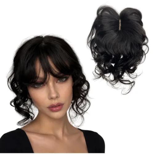 Anemone Extensiones de cabello humano ondulado con flequillo, 14 pulgadas, extensiones de cabello humano Remy brasileño natural con clip (1B)