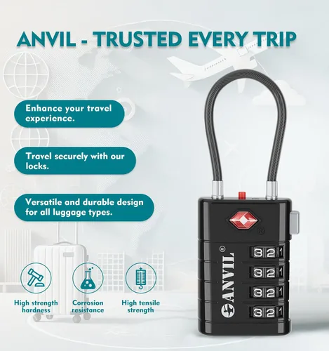 Miniatura 4 de ANVIL Cerraduras de equipaje de 4 dígitos, cerraduras TSA para equipaje, núcleo avanzado TSA008, indicador de alerta para tu cerradura de viaje