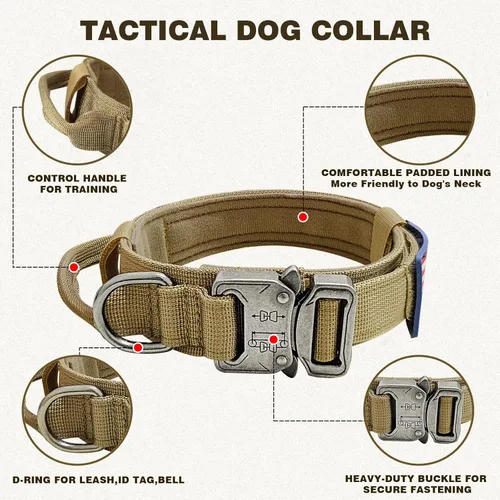 Miniatura 2 de Celifelight Collar táctico para perro, nailon ajustable, hebilla de metal resistente con asa, funda protectora Airtag, marrón, L, razas medianas