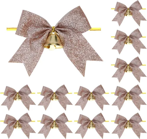 Miniatura 7 de Meseey 12 piezas de lazos de Navidad con campana, lazos de 4 pulgadas de oro metálico con purpurina para regalos, lazos prehechos con lazo