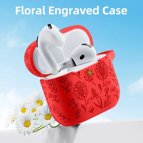 Miniatura 2 de DaQin Funda protectora de silicona suave para Airpods 4, con grabado de flores, compatible con Apple Airpods de 4ª generación, con kit limpiador