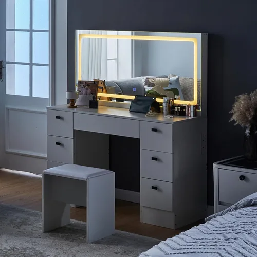 Miniatura 9 de CLIPOP Escritorio de tocador de maquillaje con espejo iluminado grande, mesa de maquillaje con 7 cajones, toma de corriente, control táctil, 3 modos