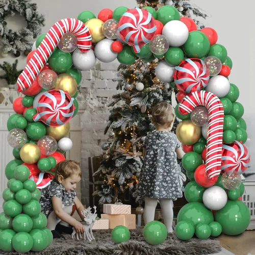 Miniatura 6 de Kit de arco de guirnalda de globos de Navidad, 150 unidades con globos de aluminio de caramelo de Navidad, verde, rojo, blanco, dorado, globos