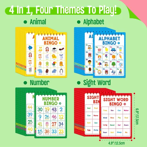 Miniatura 3 de Juego de Bingo Familiar, Alfabeto, Animales, Palabras Visuales y Números, Juego de Mesa Educativo Clásico para Habilidades de Contar y Emparejar