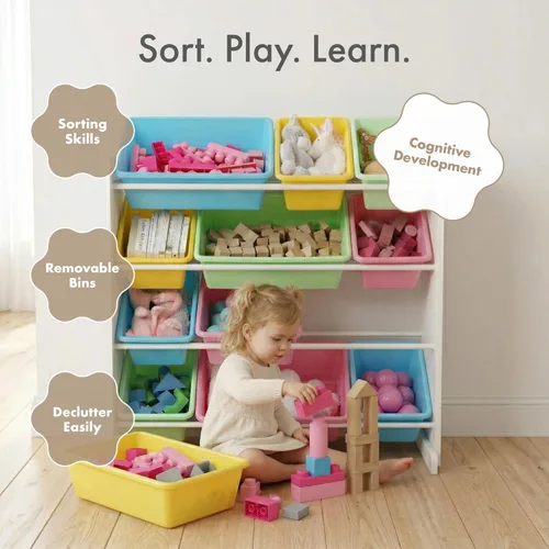 Miniatura 7 de Organizador de juguetes para niños con cajas de almacenamiento Tot Tutors, Espresso, Plástico, Blanco/Pastel Blanco/Pasteles