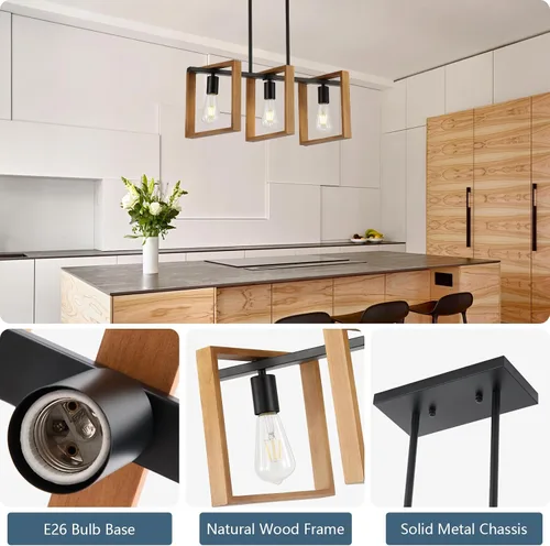 Miniatura 3 de 9MMML Lámpara de 3 luces para isla de cocina, lámpara de comedor negra, con marco de madera, para sala de estar, vestíbulo, entrada, pasillo, E26