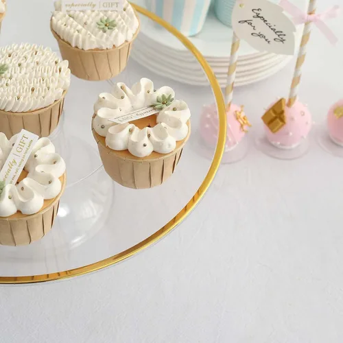 Miniatura 2 de Efavormart - Paquete de 2 elevadores de plástico transparente de 12 pulgadas con borde dorado para cupcakes y postres, soporte desechable para tartas