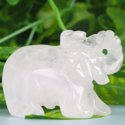 Estatua de Elefante de Cuarzo Claro de 2" Decoración de Cristal Curativo Linda Piedra Natural Pulida Tallada a Mano Escultura Grande Figuras de