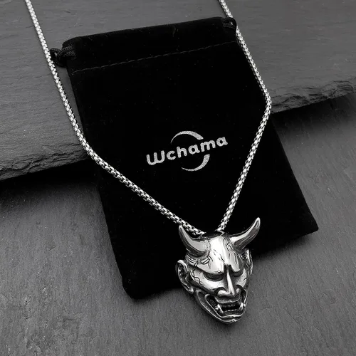 Miniatura 4 de Oni Mask Hannya Prajna - Collar de acero inoxidable con máscara de diablo japonés, collar de samurái de buena suerte