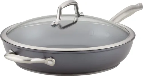 Anolon Accolade Sartén de Freír Profunda Forjada Anodizada Dura Antiadherente / Sartén con Mango Auxiliar y Tapa, 12 Pulgadas - Gris Piedra Lunar