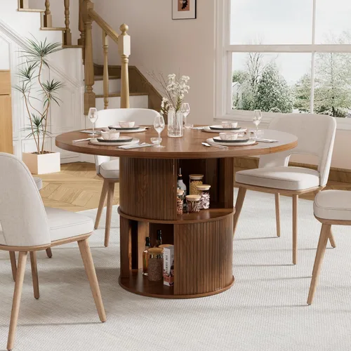 Miniatura 6 de Mesa de comedor redonda de 47 pulgadas para 4, mesa de comedor de cocina de granja con estante de almacenamiento de 2 capas y panel estriado