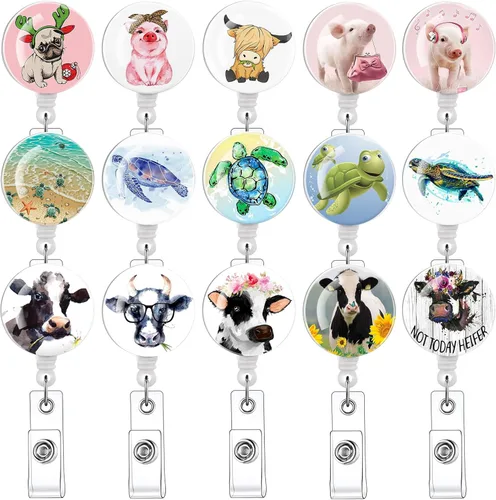 Paquete de 15 carretes de insignia con diseños de tortuga, cerdo y vaca, portainsignias retráctiles, clip retráctil para tarjeta de identificación,