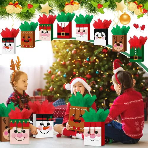 Miniatura 4 de Cholemy 16 piezas de bolsas de regalo de Navidad medianas gruesas con papel de seda, bolsas de papel kraft de Navidad con asas para envolver regalos