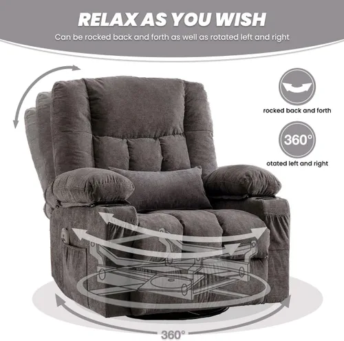 Miniatura 6 de BOSMILLER Silla reclinable de gran tamaño para adultos con masaje por vibración y calefacción lumbar, mecedora giratoria con soporte para tazas