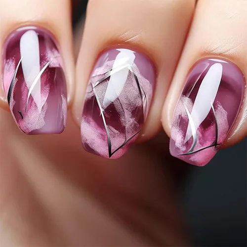 Miniatura 8 de Uñas postizas cuadradas cortas a presión, uñas postizas de color rosa, de cobertura completa, uñas postizas con purpurina plateada con diseños