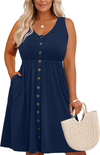 Miniatura 78 de Holipick Vestidos de verano para mujer, talla grande, casual, con bolsillos, acampanado, con botones, sin mangas, cuello en V