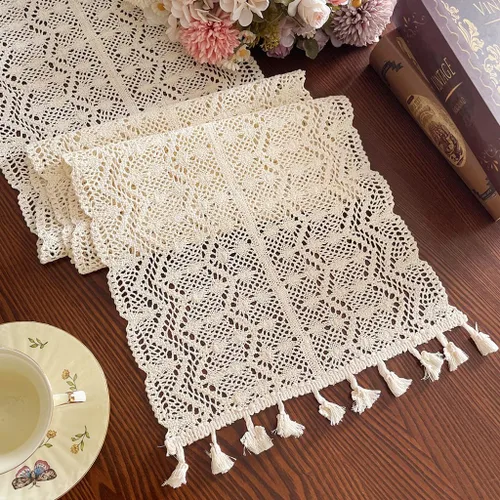 Miniatura 11 de Gemseek Camino de Mesa de Crochet de Algodón Boho de 60 Pulgadas, Camino de Mesa de Encaje Macramé Bohemio Beige Vintage para Cocina Mesa de Café