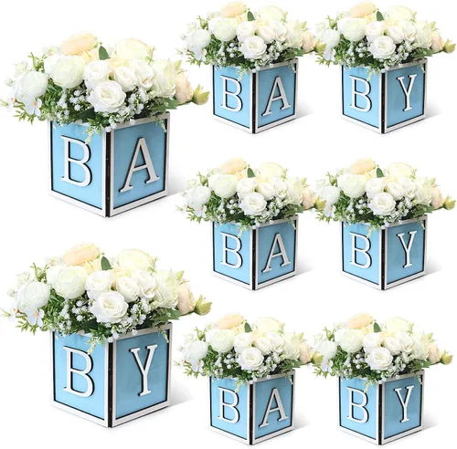 Miniatura 18 de Juego de 4 centros de mesa de baby shower para mesas, cajas de madera de 6 pulgadas con letras de bebé, cubos rústicos, bloques de madera para Rosa