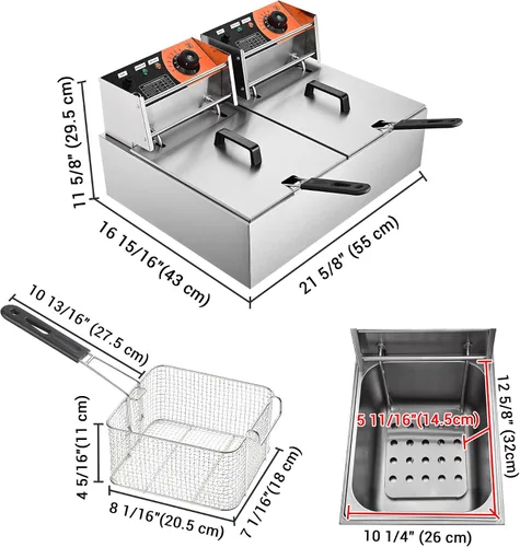 Miniatura 7 de Freidora comercial de doble tanque de 5000 W, freidora de 24 litros con cestas de tanque duales, protección contra sobrecalentamiento, freidora