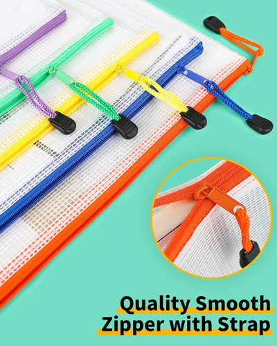 Miniatura 4 de Smarpau Bolsa grande con cremallera de malla A3, paquete de 24 bolsas de 12 colores con cremallera de 17.4 x 12.4 pulgadas para organizar, bolsas