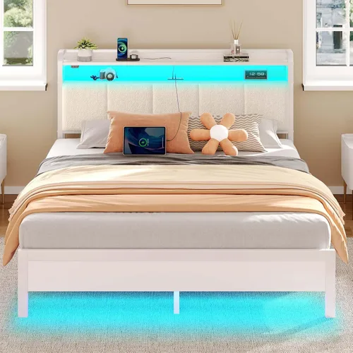 Miniatura 15 de Rolanstar Armazón de cama tamaño completo con estación de carga y luces LED, cabecera tapizada con estantes de almacenamiento, listones de metal