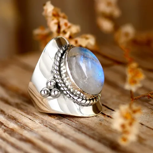 Miniatura 6 de Boho-Magic Anillo de plata de ley con piedra lunar para mujer, joyería bohemia, piedra preciosa ovalada