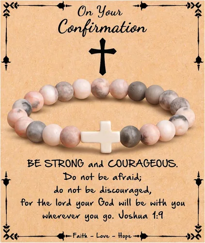 Miniatura 19 de JoycuFF Regalos Cristianos, Pulseras de Cruz para Mujeres, Joyería Cristiana Católica Religiosa de Fe de Pascua, Pulseras de Piedra Natural