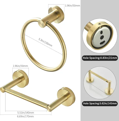 Miniatura 3 de BATHSIR Soporte de papel higiénico dorado cepillado y soporte para toallas de mano, 2 piezas, doble poste pivotante, redondo, moderno, accesorio