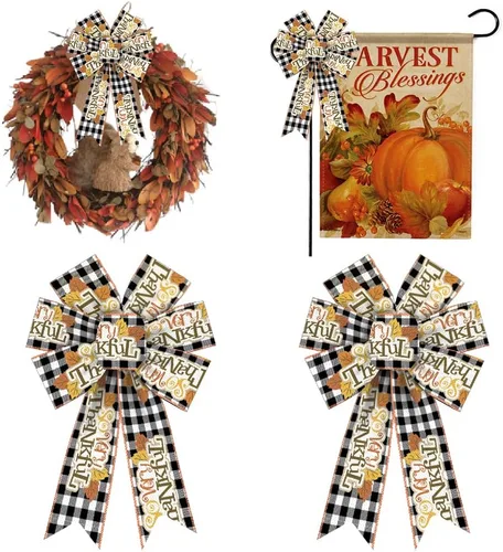 Hying 2 lazos de otoño para corona, lazos de corona de Acción de Gracias, lazos blancos y negros a cuadros, lazos de arpillera natural, lazos de
