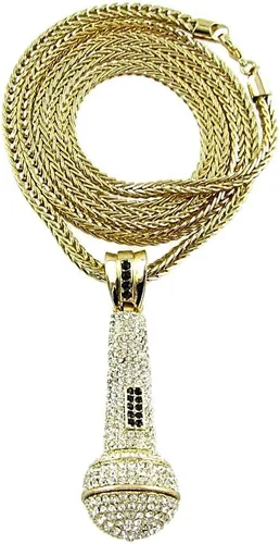 Miniatura 2 de Colgante de micrófono con acabado de oro helado con dije de micrófono con cadena Franco de 36 pulgadas Hip Hop, Metal