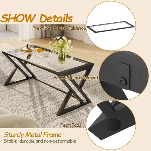 Miniatura 6 de Mesa de café Wolawu de vidrio negro para sala de estar, mesa central rectangular moderna con marco de metal resistente, mesa de té de vidrio