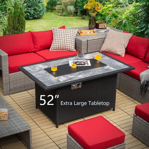 Miniatura 4 de COSTWAY Mesa de fuego de propano para patio de 52 pulgadas, mesa de fuego para exteriores de 50,000 BTU, encendido por pulso, mesa de mármol y ratán