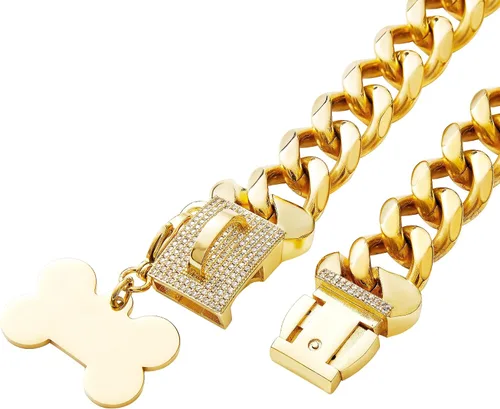 Miniatura 3 de Collar de acero inoxidable con eslabones de oro cubano resistente para perros pequeños, medianos y grandes, collar de perro de bulldog francés