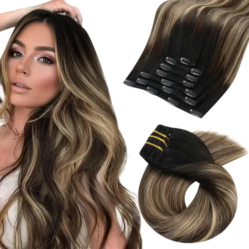 Miniatura 9 de Extensiones de cabello cosidas de cabello humano real, balayage de negro brillante a rubio dorado, paquete de extensiones de cabello humano