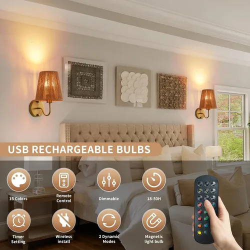 Miniatura 2 de Juego de 2 apliques de pared bohemios que funcionan con pilas, con pantalla de ratán dorado, luces de pared inalámbricas con bombillas recargables