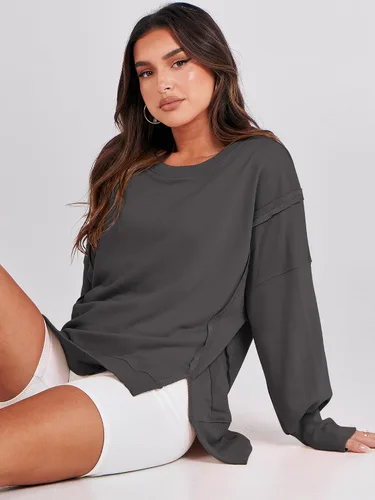 Miniatura 9 de ANRABESS Sudaderas de gran tamaño para mujer, con cuello redondo, manga larga, casuales y holgadas, con aberturas, ropa de otoño 2025