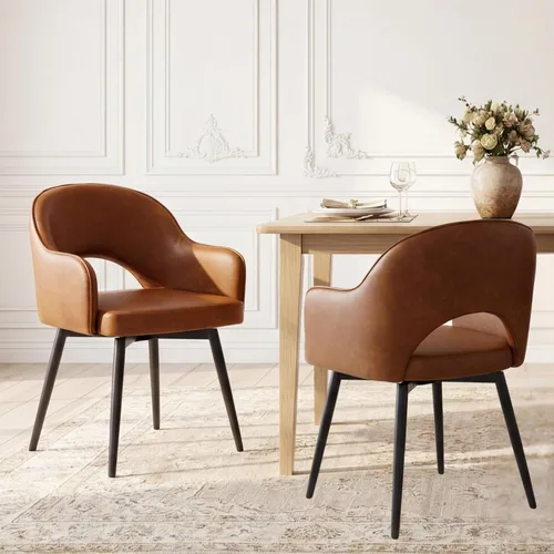 DUOMAY Juego de 2 sillones giratorios tapizados de piel sintética moderna con patas de metal para cocina, sala de estar, color marrón