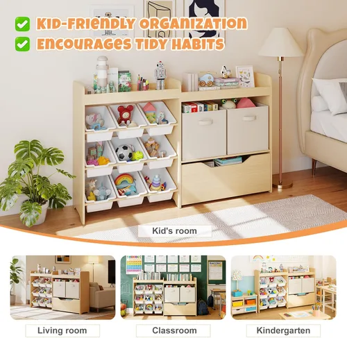 Miniatura 7 de COSVALVE Organizador de almacenamiento de juguetes para niños, organizadores de juguetes de 4 niveles con 2 cubos abiertos, 9 cajas y 2 contenedores