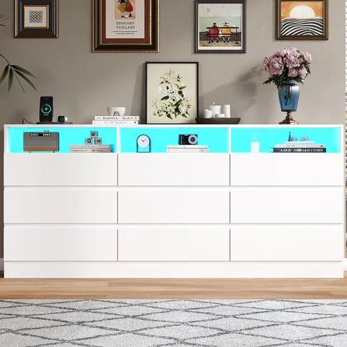 Miniatura 8 de Gyfimoie Cómoda de 9 cajones con toma de corriente, cómoda moderna blanca con luces LED, cómodas de madera con soporte para TV, organizador