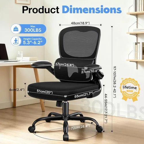 Miniatura 2 de ALLGOD Silla de oficina ergonómica, silla de escritorio ergonómica de malla transpirable con soporte lumbar ajustable, reposabrazos abatibles