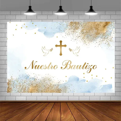 Miniatura 3 de AIBIIN Telón de fondo Mi Bautizo de 7 x 5 pies para niños Nuestro Bautizo Baby Bautizo Bautizo Fotografía Fondo Azul Acuarela Nubes Doradas Cruz Paz